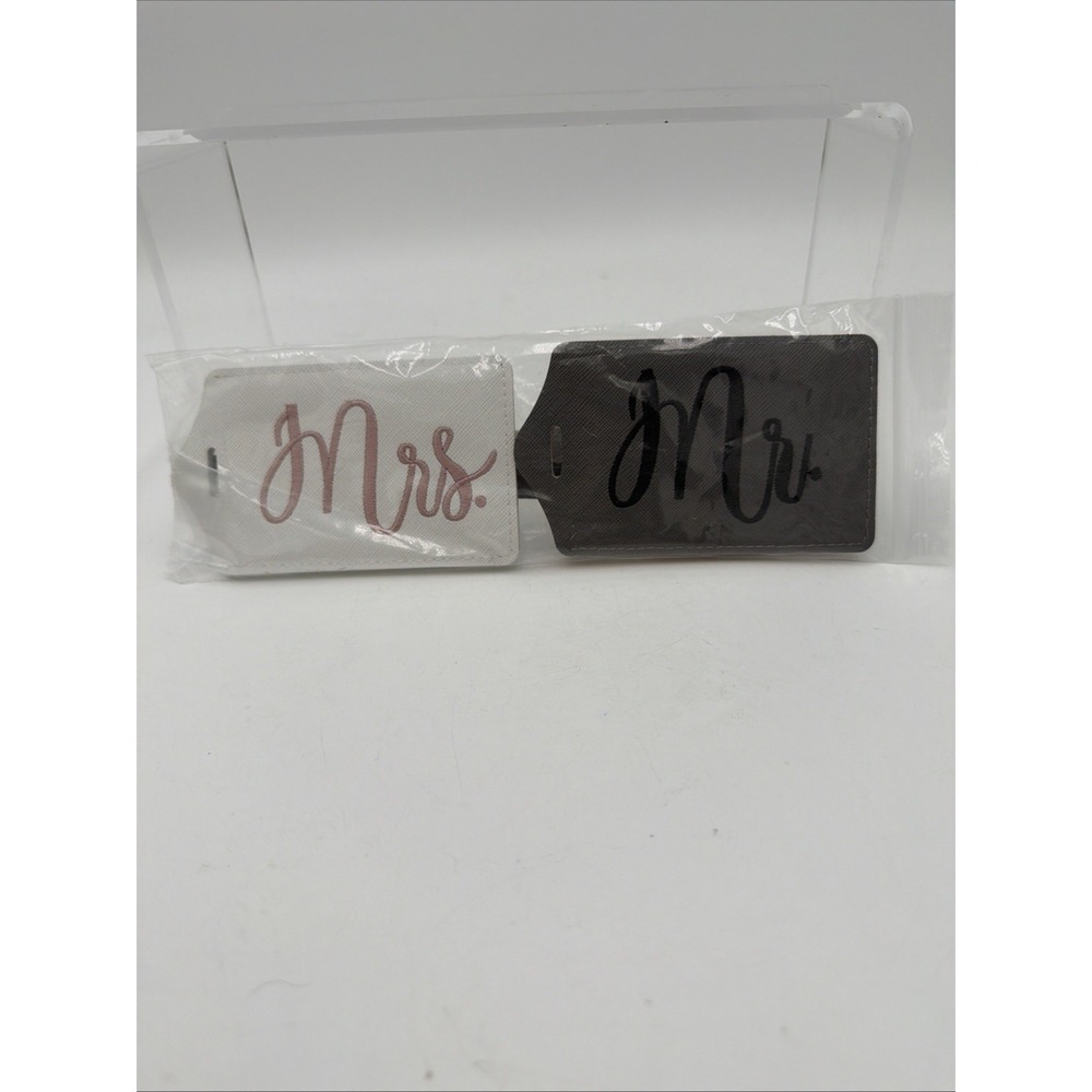 Mr & Mrs Luggage Tag SET Faux Leather Gray/White 4" Embroidered